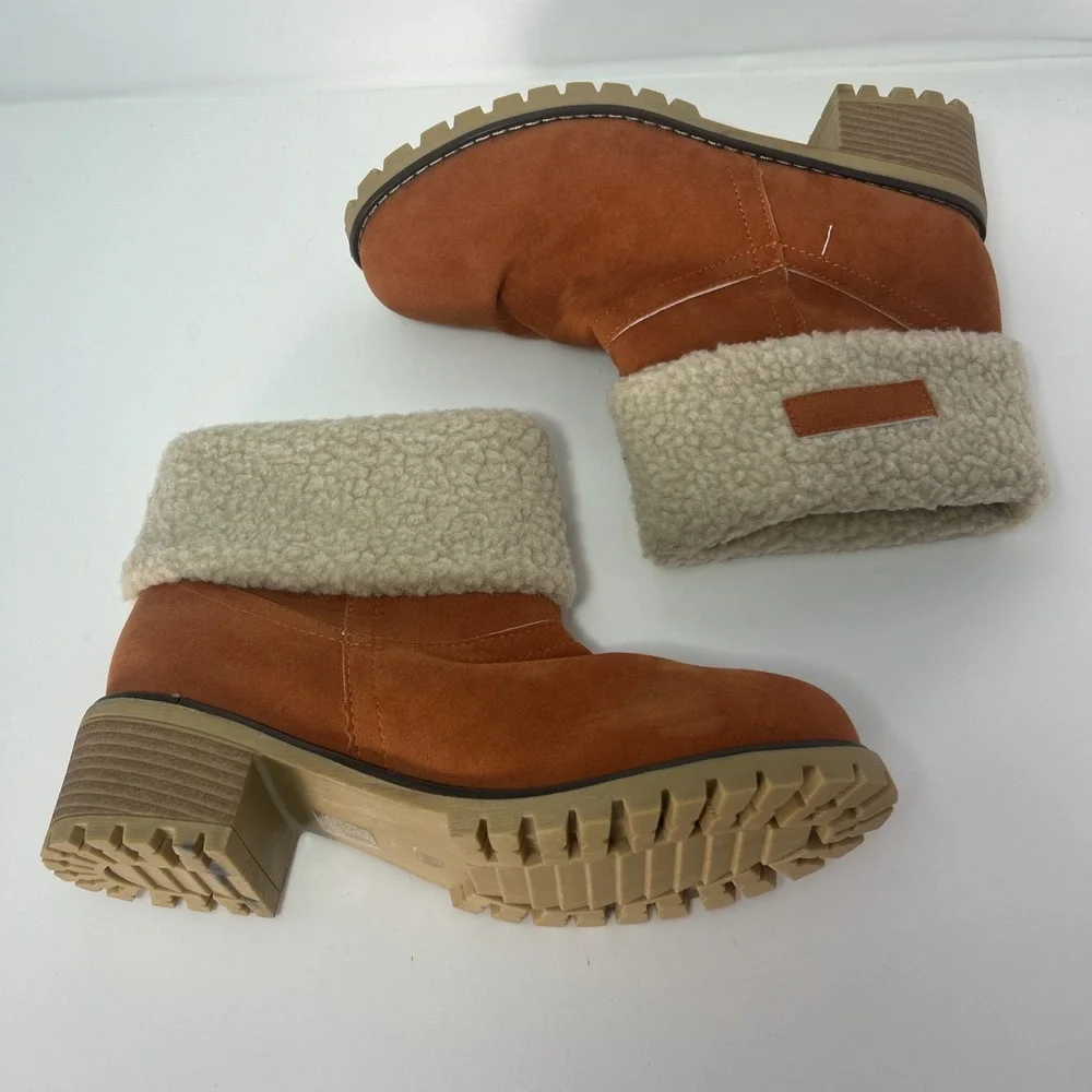 Orange Faux‎ Suede Ankle Boots Women's Sz EU 40, US 8 Sherpa Lined, Chunky Heel